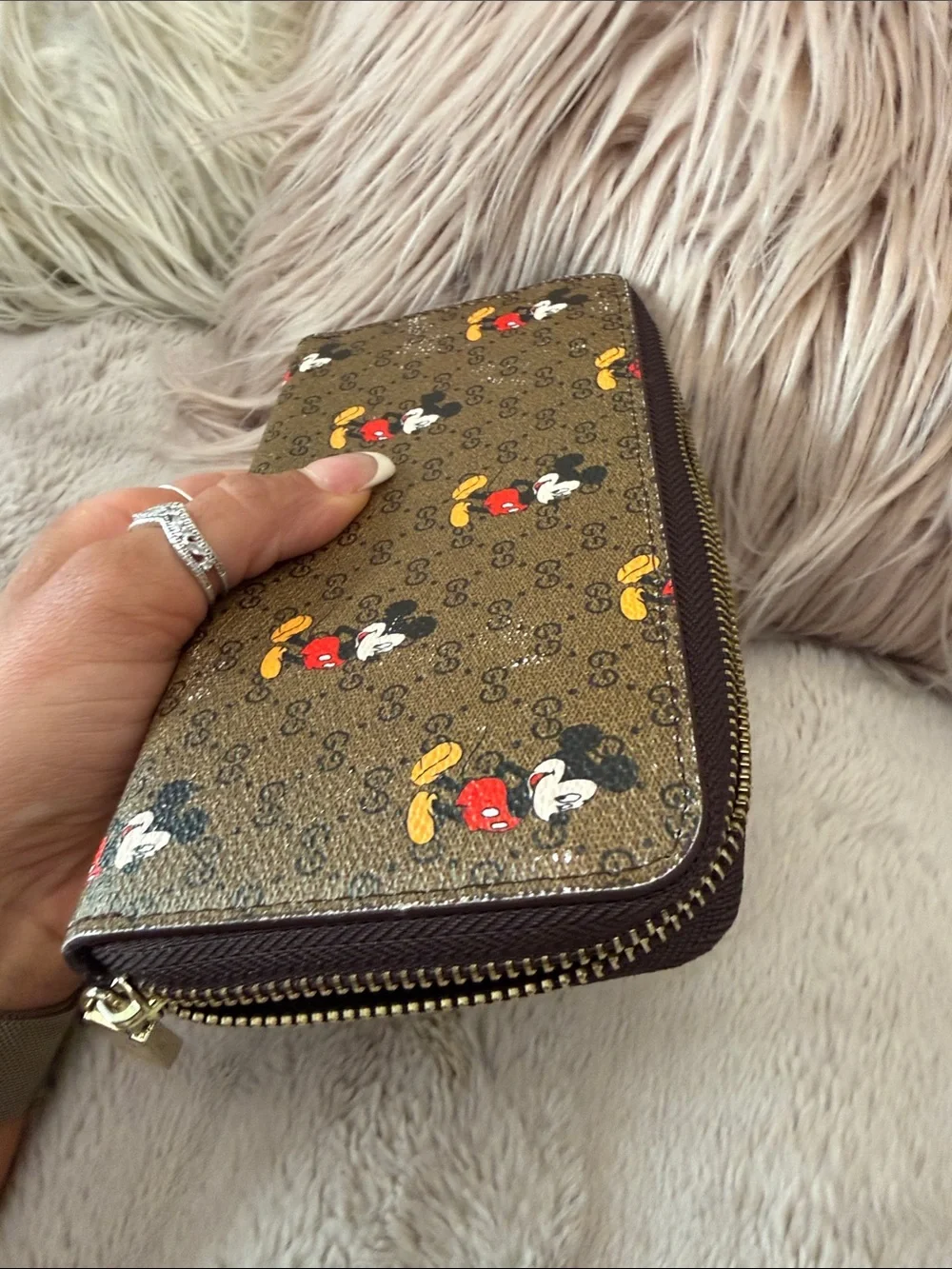 Designer-Style Brown Wallet with Red & Yellow Mickey Motif